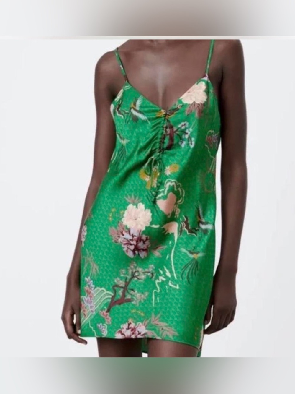 Green Floral Satin Slip Dress XS